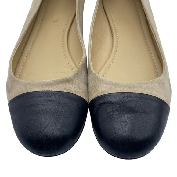 Garnet Hill Womens Shoes Leather Flats Sz 8 Tan Black Suede Cap Toe Italy Chic - Picture 4 of 11